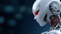 Futuristic android head profile with glowing red detail against dark background, showing detailed mechanical components and sleek white surface finish.
