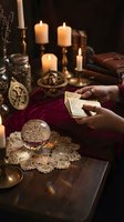 Fortune teller hands holding tarot cards with candles, crystal ball and mystical objects on wooden table creating atmospheric divination scene.