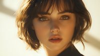 Young woman with short dark hair and bangs in warm sunlight, natural makeup with coral lipstick, soft shadows creating dramatic portrait lighting effect.
