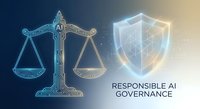 Digital scales of justice with glowing shield representing responsible AI governance and ethical technology framework for legal compliance.