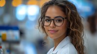 Young mixed race female medical professional wearing glasses and white coat smiles confidently in hospital setting with soft bokeh background lighting.