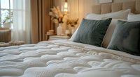 Cozy bedroom interior with white quilted bedding and dark green velvet pillows, soft natural lighting through window, dried pampas grass decor creates peaceful ambiance.