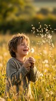 Young boy with light brown hair, Caucasian ethnicity, blowing dandelion seeds in sunny meadow field. Child enjoying nature outdoors during golden hour with joy and wonder.