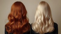 Back view of two women with long wavy hair - one with vibrant copper red and one with platinum blonde color, showing professional hair coloring and styling results.