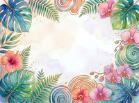 Watercolor tropical frame with monstera leaves, palm fronds, orchids, hibiscus, and golden swirls on a soft pastel background with copy space.