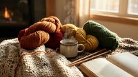 Cozy knitting setup with colorful yarn skeins, wooden needles and steaming coffee cup on soft blanket by sunny window for crafting and hobby projects.