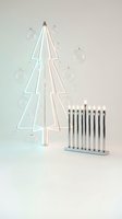 Modern minimalist holiday scene with geometric Christmas tree and menorah on white background for seasonal greeting cards and winter celebrations.