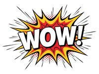 Comic book style WOW explosion burst with colorful starburst rays and halftone dots on white background for pop art designs and exclamation graphics.
