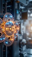 Illuminated mechanical gears with glowing blue and golden lights on dark background, representing technology, innovation, and industrial automation for engineering and digital transformation concepts.