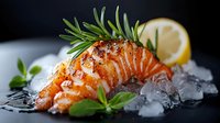 Grilled salmon fillet on ice cubes with fresh rosemary, lemon slice and herbs against dark background, close up view of luxury seafood dish.