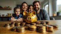 Happy family with golden piggy bank and stacked coins on wooden table, representing financial planning, savings and family budget management.
