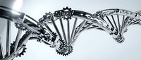 Metallic DNA double helix structure with intricate mechanical gears and industrial components, symbolizing biotechnology, genetic engineering, and scientific innovation for research and medical applications.