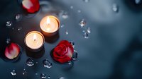 Romantic composition with glowing candles, red rose petals and scattered crystal decorations on dark teal surface creating intimate atmosphere for Valentine's day or date night.