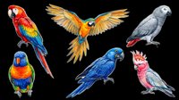 Colorful parrot collection isolated on transparent background, ready for t-shirt design, clipart, stickers, sublimation and print-on-demand products.