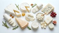 Assorted gourmet cheese selection with soft and hard varieties, herbs, nuts and grapes arranged on white background for culinary and food photography.