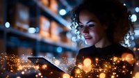 Young African American woman with curly hair using smartphone at night with bokeh lights and digital particles creating magical atmosphere for technology concepts.