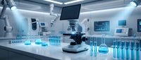 Modern laboratory with microscope and test tubes in sterile medical research facility for scientific analysis and pharmaceutical development.