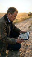 Senior Caucasian farmer using digital tablet for precision agriculture planning at sunset in rural farmland with tractor in background.