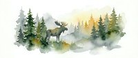 Watercolor moose standing in misty forest landscape with evergreen trees and soft morning light on white background for nature designs.