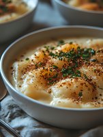 Creamy mashed potatoes topped with fresh chives and aromatic spices in white ceramic bowl, close-up view with soft natural lighting and shallow depth of field.
