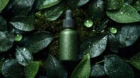 Green cosmetic bottle with dropper on wet dark leaves background with water drops, natural organic skincare product photography for beauty brands and spa marketing.