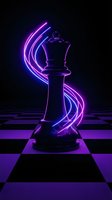 Chess king piece with glowing neon purple light trails on checkered board against dark background for gaming and strategy concepts.
