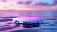 Futuristic metallic platform floating on calm water surface with dreamy purple pink sunset sky reflection creating serene minimalist product display stage.