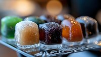 Colorful jelly candies coated in sugar crystals arranged in line on decorative plate with bokeh background, macro food photography showing sweet dessert details.