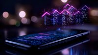 Futuristic holographic buildings emerging from smartphone screen with purple and blue neon lights against dark background with bokeh effect. Digital real estate concept.