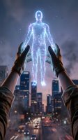 Hands holding glowing digital human hologram with circuit patterns against urban cityscape at dusk, representing technology, artificial intelligence, and futuristic innovation.