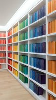 Modern library interior with colorful books arranged by color spectrum on white shelves creating rainbow organization system for contemporary reading space.