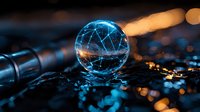 Glowing crystal ball with blue light effects and network patterns on dark reflective surface with bokeh lights creating magical atmosphere.