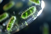 Microscopic view of green bacteria cells with spiky surface floating in liquid medium against dark background, scientific research visualization in microbiology laboratory.