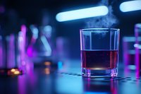 Glass of whiskey on dark table with neon lights creating moody atmosphere. Steam rising from drink against purple and blue bokeh background. Nightclub or bar setting.