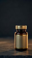 Amber glass medical vial with golden cap and blank label on wooden surface against dark background for pharmaceutical branding and healthcare design.