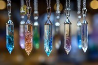 Colorful crystal pendant necklaces hanging on chains with bokeh background for jewelry, fashion and accessory designs.