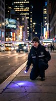 Police officer investigating crime scene with flashlight on urban street at night with city lights and traffic in background.
