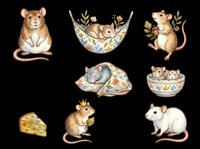 Cute brown and white mice in various playful poses with floral accents, isolated on transparent background. Perfect for children's designs, stickers, t-shirts, clipart, print-on-demand products, and sublimation projects.