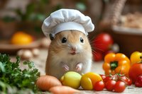 Adorable hamster wearing chef hat surrounded by fresh vegetables and herbs on wooden table, creating whimsical cooking scene for social media and greeting cards.