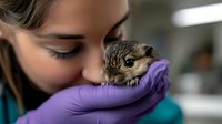 Young female veterinarian in medical gloves gently holding and examining small dwarf hamster during checkup at veterinary clinic, showing care and professional attention.