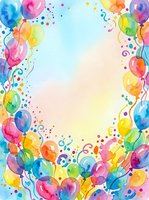Watercolor birthday party frame with colorful balloons, confetti and ribbons creating festive border for celebration invitations and greeting cards.