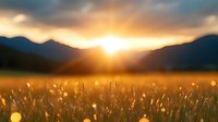 Golden sunlight breaks through mountain silhouettes, illuminating a serene meadow with tall grass and wildflowers at sunset.