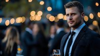 Caucasian male professional in dark business suit and tie holding wine glass at evening outdoor event with blurred bokeh lights and crowd in background, suitable for corporate, networking, celebration and business lifestyle content.
