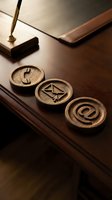 Wooden desk with carved symbol seals, brass pen, leather notebook, and at symbol for business communication, law, and professional correspondence concepts.