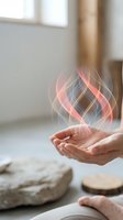 Hands holding glowing energy waves with pink and blue light streams in modern interior space for wellness and healing concepts.