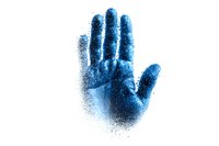 Artistic blue hand print with dispersing particle effect on white background, isolated design element for creative projects and digital art compositions.