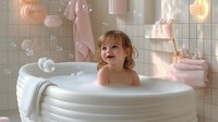 Cheerful toddler girl enjoying bath time with soap bubbles in white inflatable tub, pink bathroom interior with soft natural lighting and towels on background.