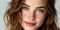 Close-up portrait of young woman with freckles, blue eyes, and wavy brown hair against white background, showcasing natural beauty.