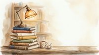 Stacked books with brass desk lamp and coffee cup on wooden shelf, vintage study room decor for educational and interior design projects.