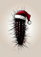 Dark cactus wearing red Santa hat with white fur trim against light background, stylized with sharp spikes and blood splatter details for alternative holiday design.